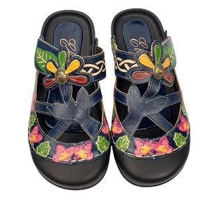 Elite by corkys flats sz 39 multicolored floral rubber slip on mules fairycore